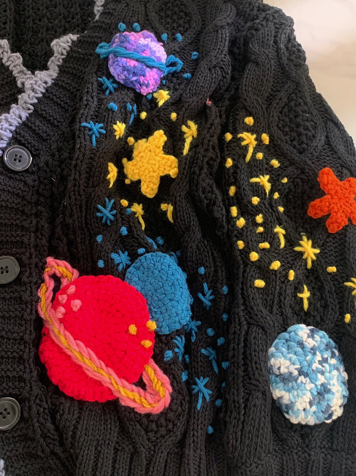 Handmade Stars Universe Planet Embroidery Cardigan-Black | VintageMist