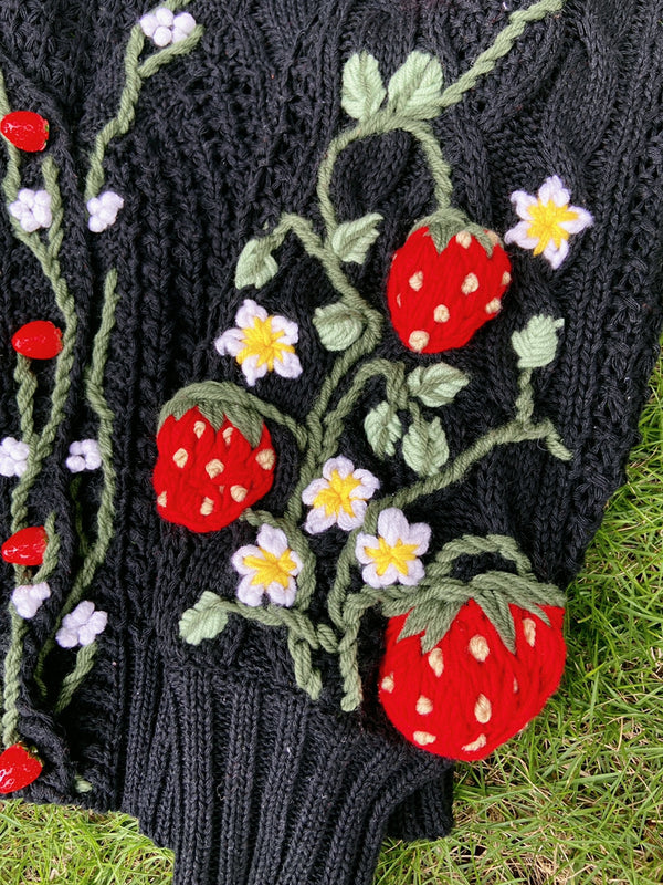 Handmade Strawberry Bloom Embroidery Cardigan - Black | VintageMist