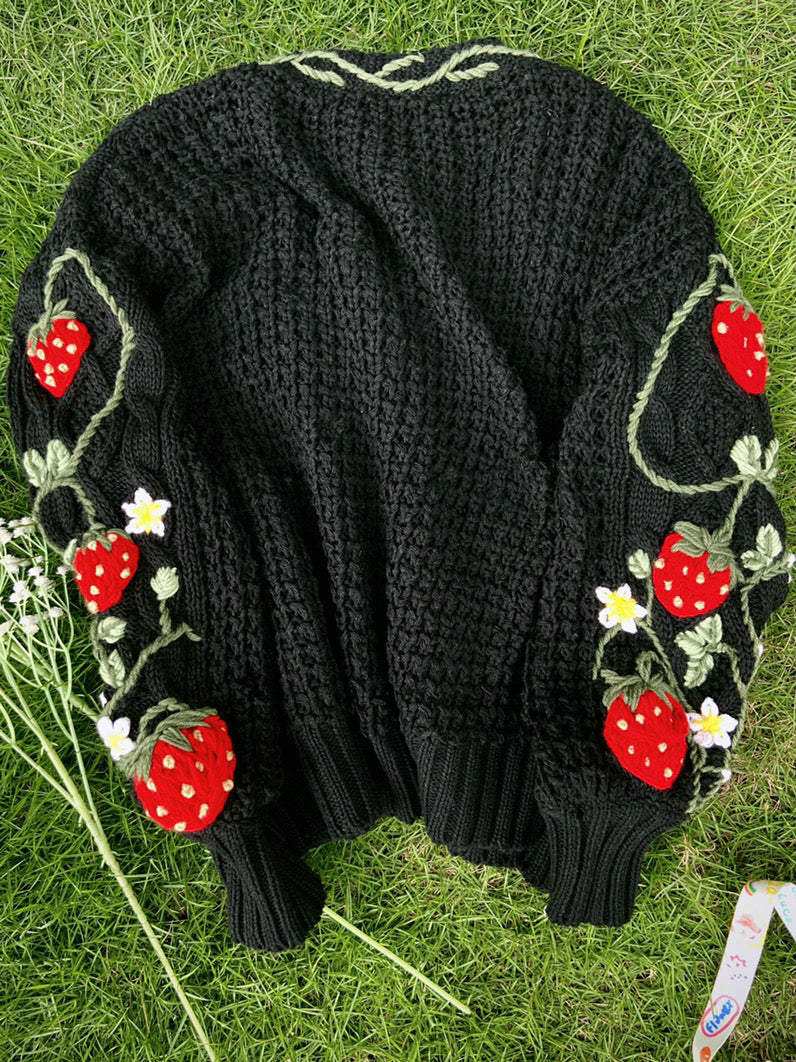 Handmade Strawberry Bloom Embroidery Cardigan - Black | VintageMist