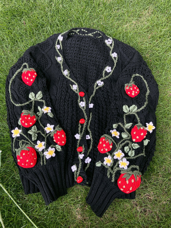Handmade Strawberry Bloom Embroidery Cardigan - Black | VintageMist
