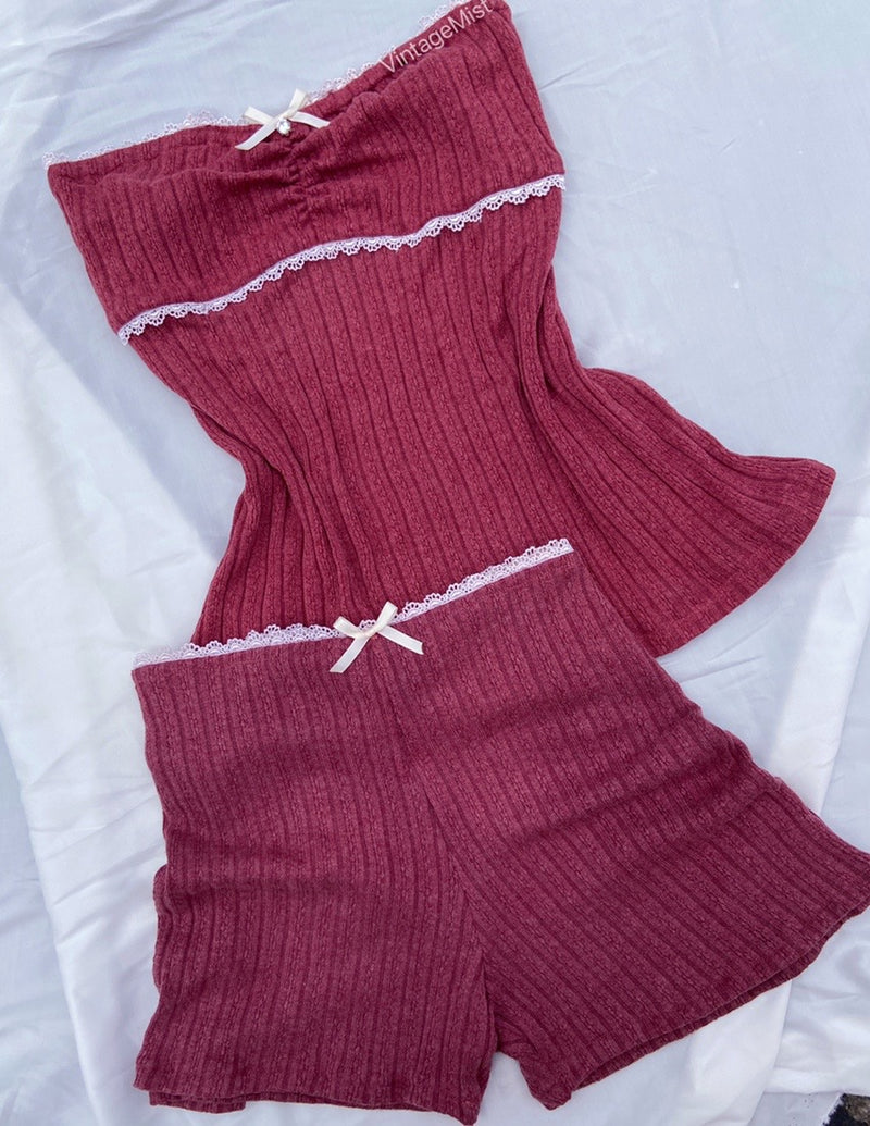 High Waist Lace Trim Pajama Shorts Set - Wine Red | VintageMist