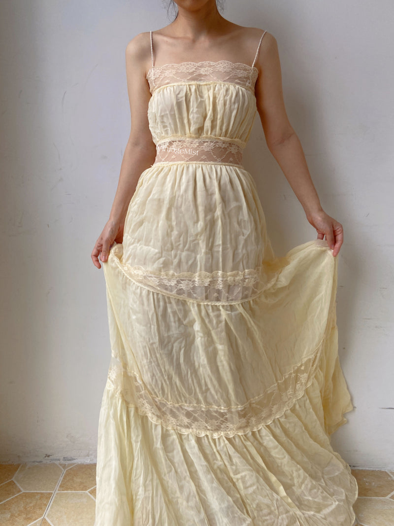 Vintage Gunne Sax Lace Ruffle Gown - Light Yellow | VintageMist