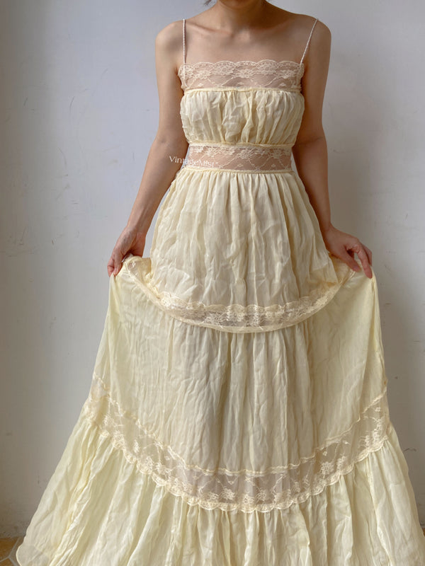 Vintage Gunne Sax Lace Ruffle Gown - Light Yellow | VintageMist