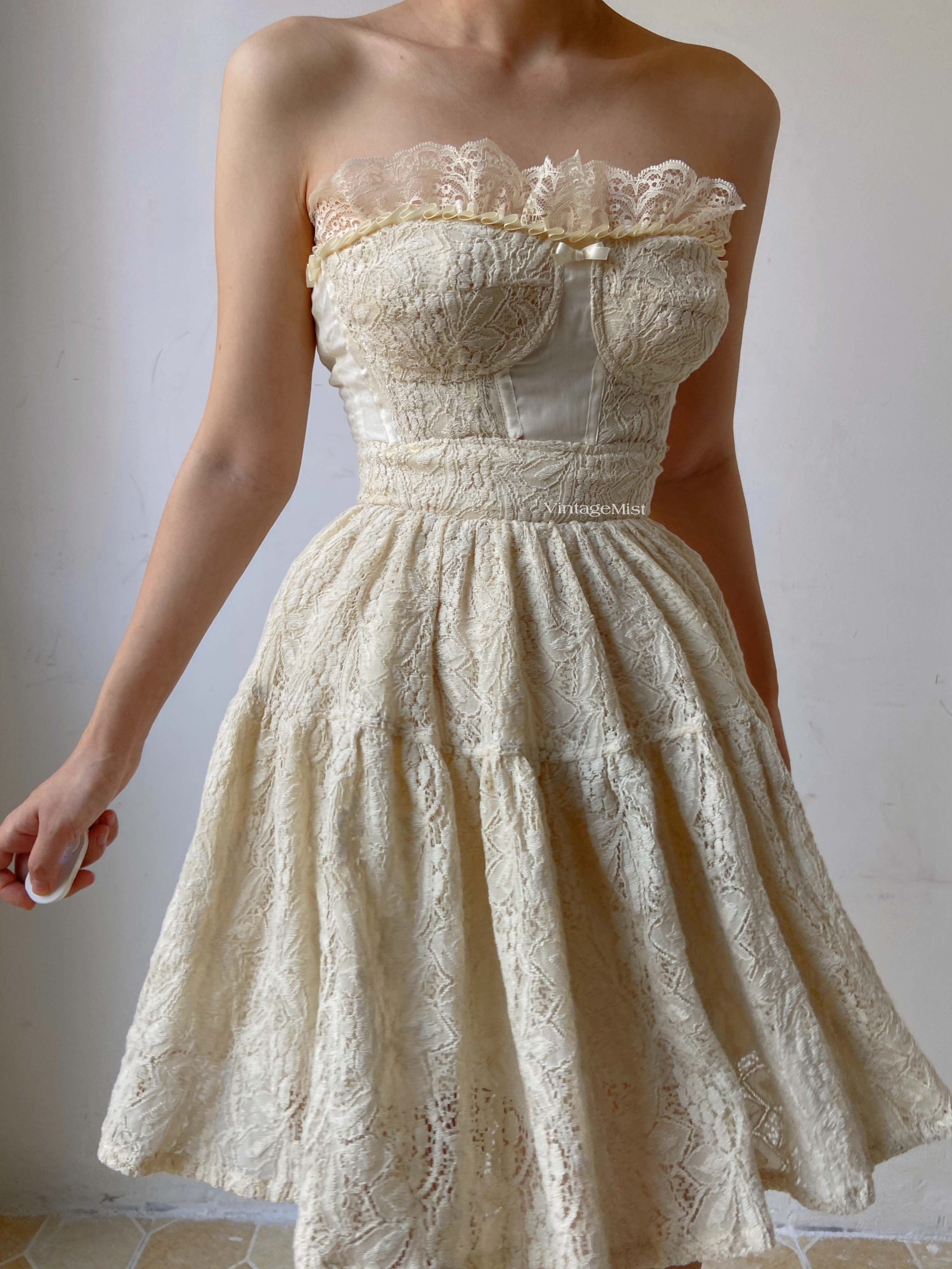  Lace Ballerina Strapless Mini Dress With Pleats - Beige | VintageMist