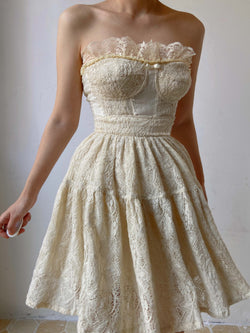  Lace Ballerina Strapless Mini Dress With Pleats - Beige | VintageMist