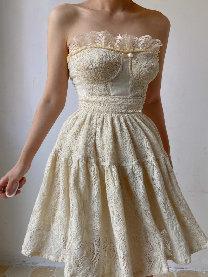  Lace Ballerina Strapless Mini Dress With Pleats - Beige | VintageMist