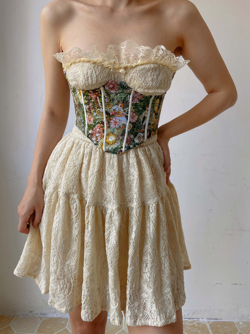  Lace Ballerina Strapless Mini Dress With Pleats - Beige | VintageMist
