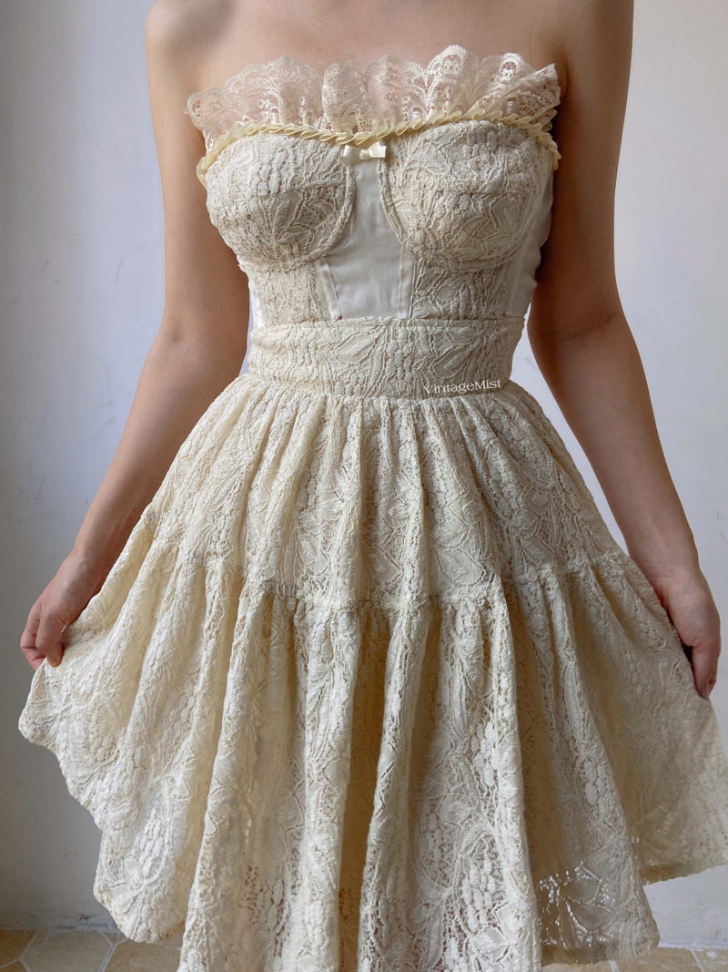  Lace Ballerina Strapless Mini Dress With Pleats - Beige | VintageMist