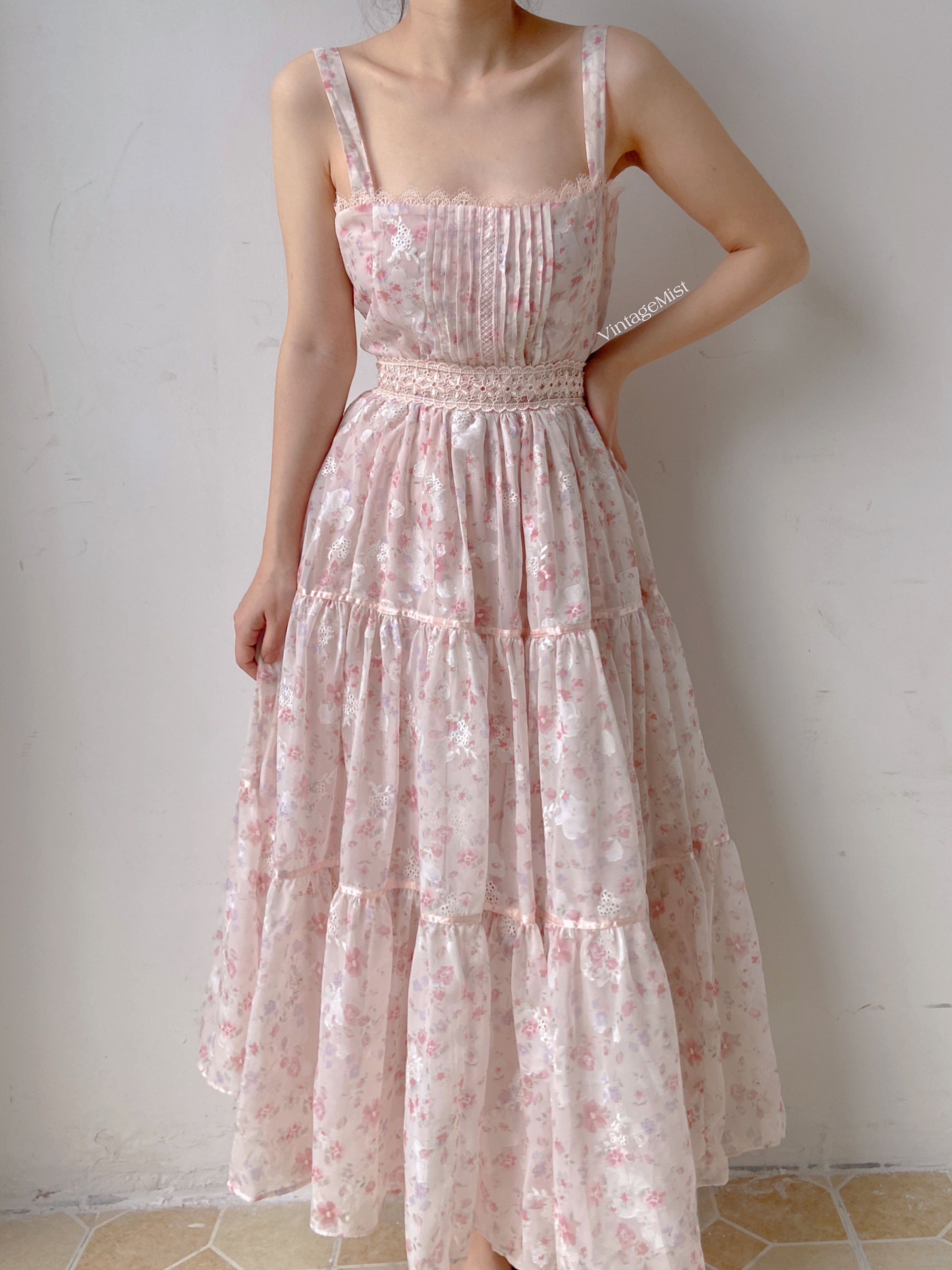 Lace Floral Halter Ruffle Dress - Pink | VintageMist