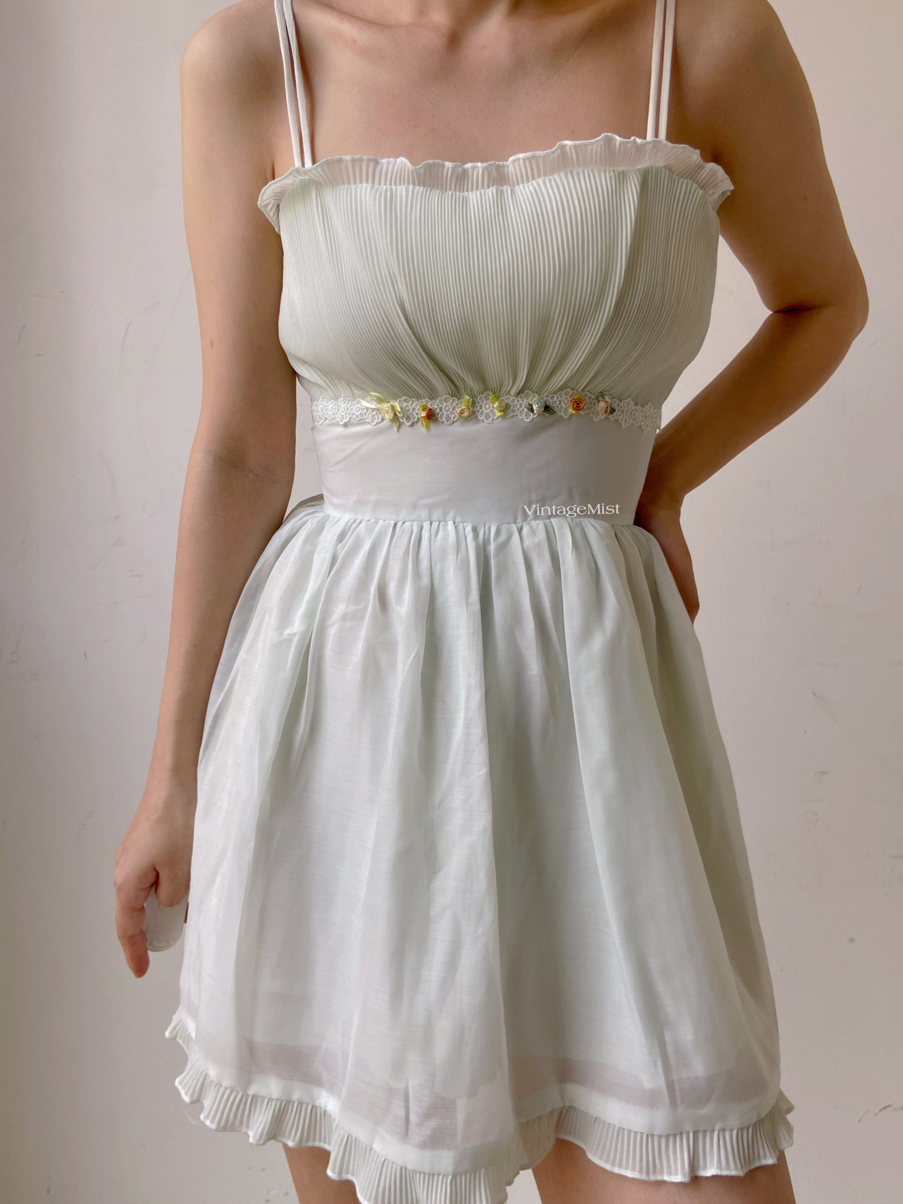 Lace Ruched Cami Mini Skirt Dress - White | VintageMist