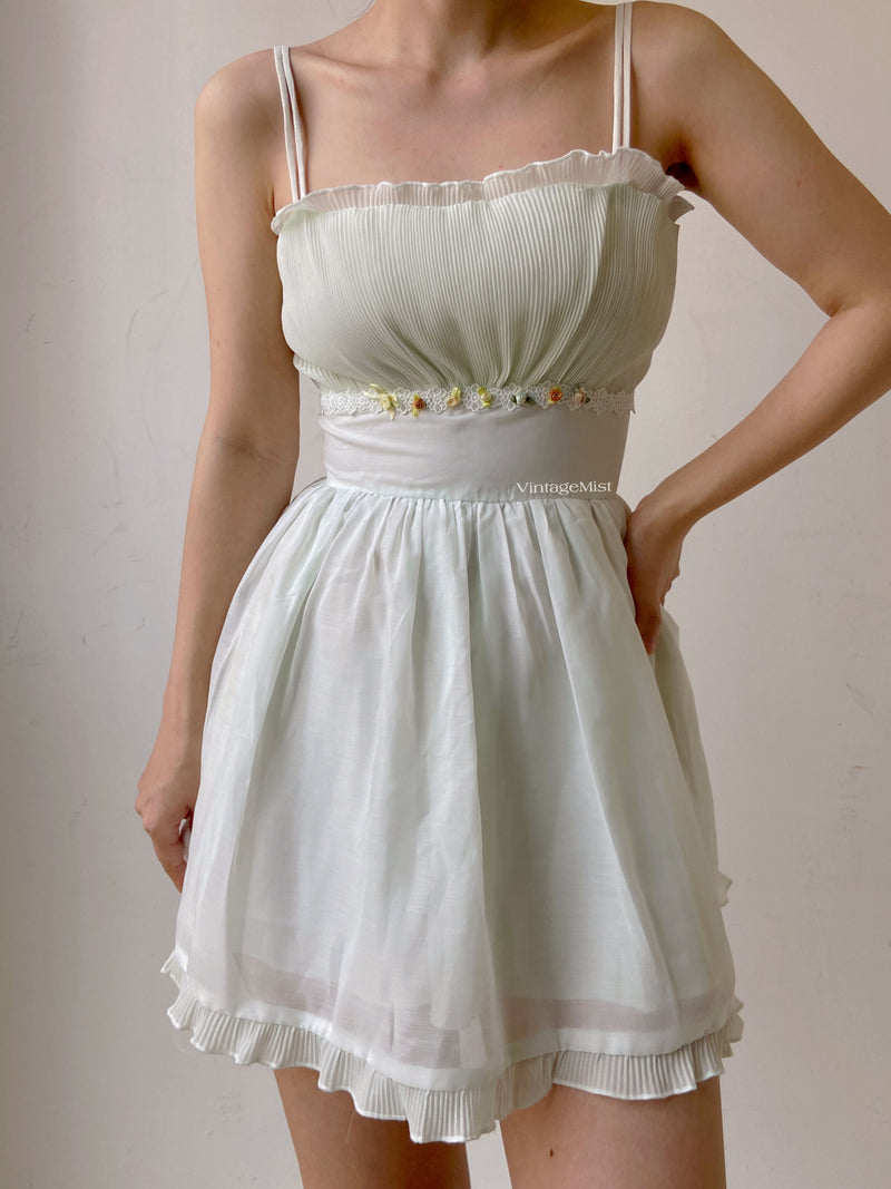 Lace Ruched Cami Mini Skirt Dress - White | VintageMist