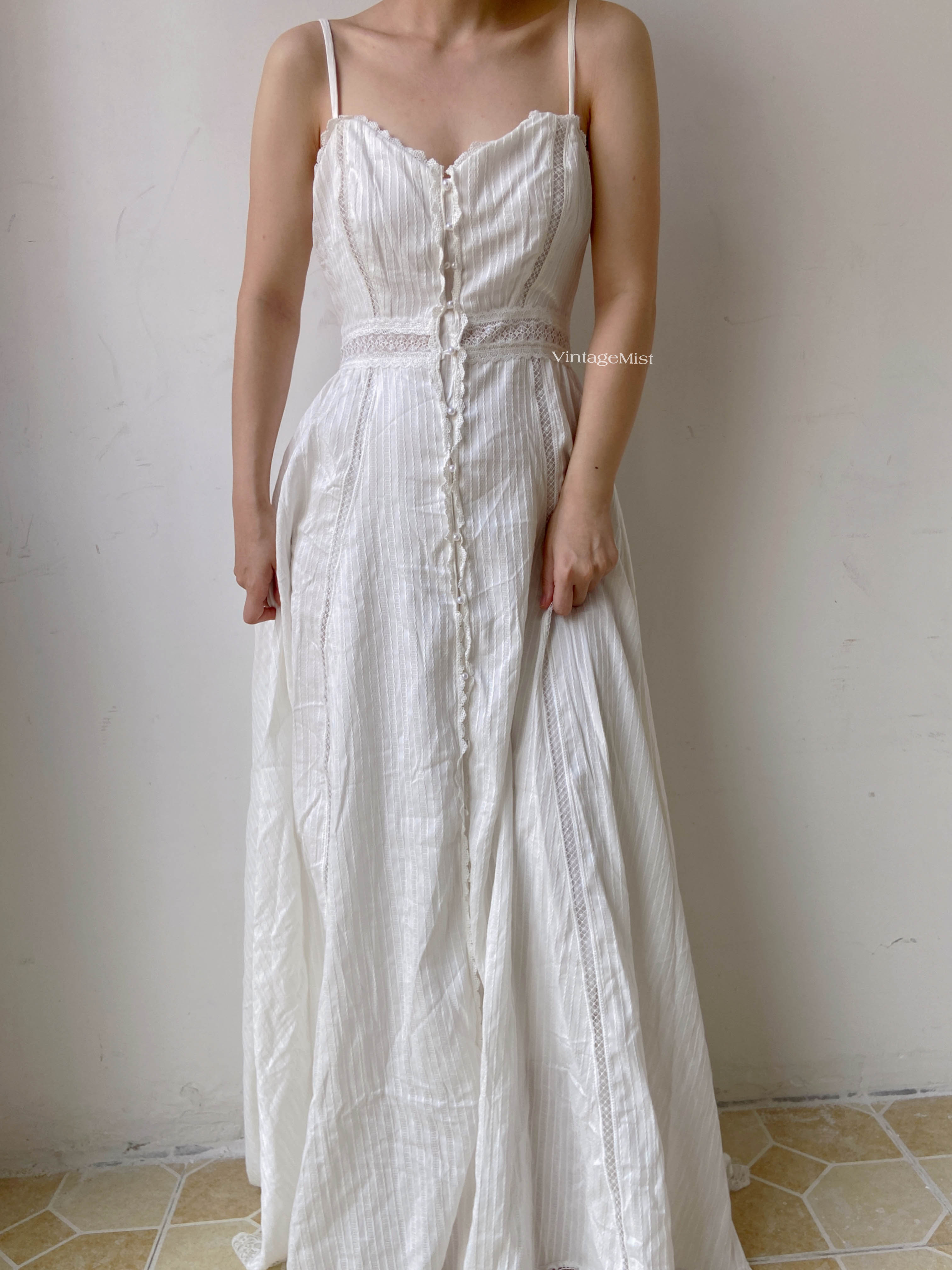 Lace Trim Beaded Cami Dress - White | VintageMist
