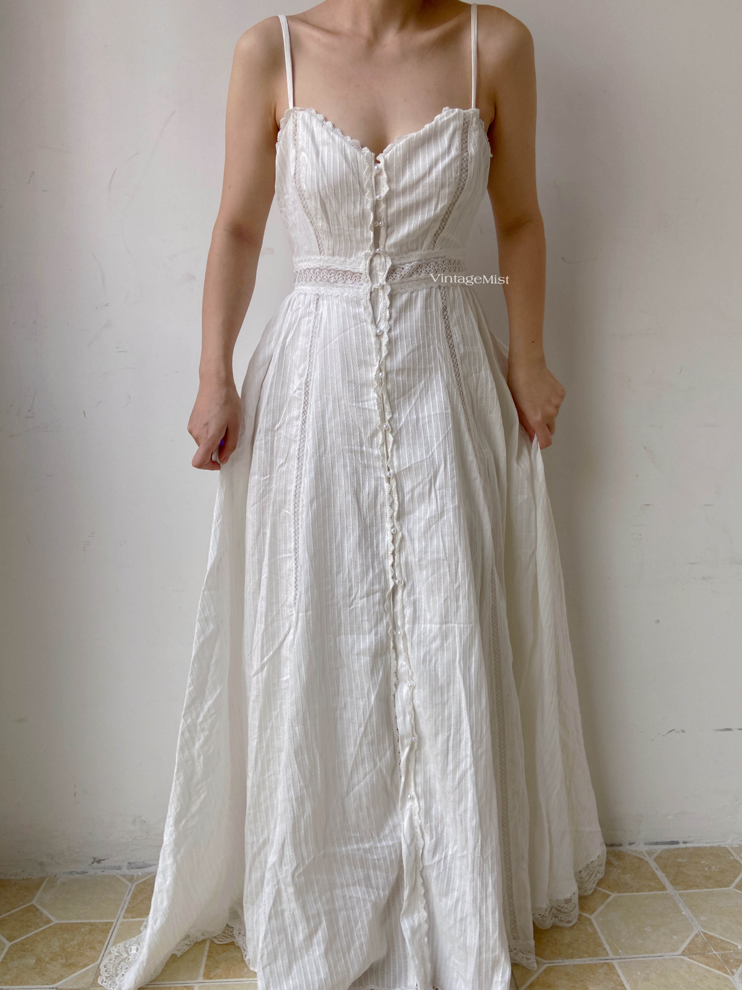Lace Trim Beaded Cami Dress - White | VintageMist