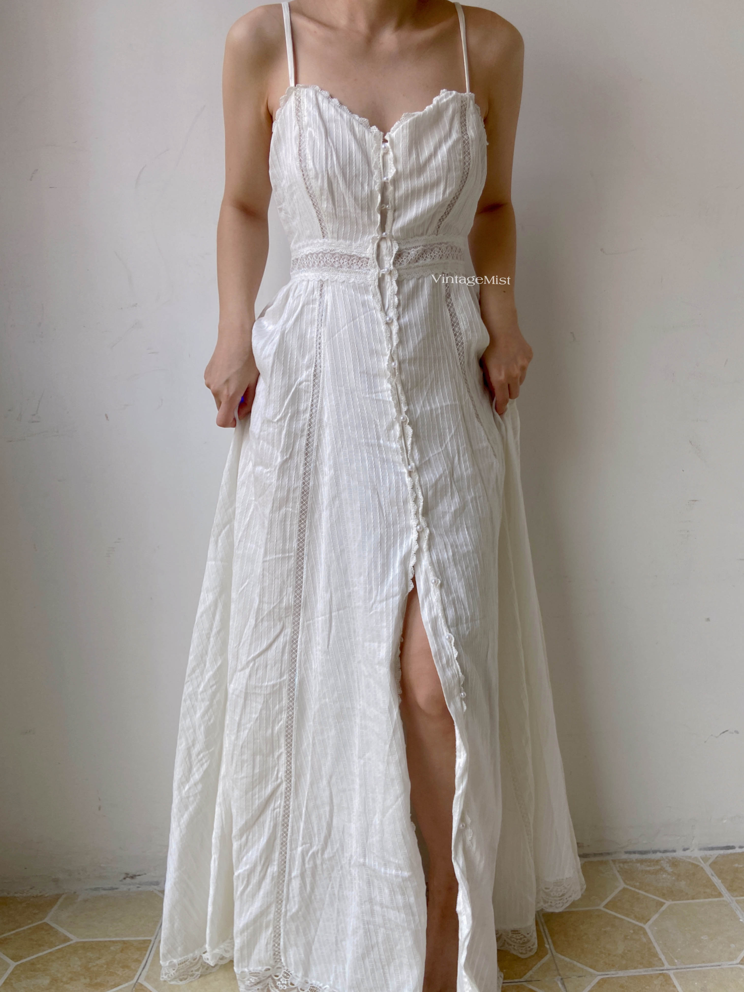 Lace Trim Beaded Cami Dress - White | VintageMist