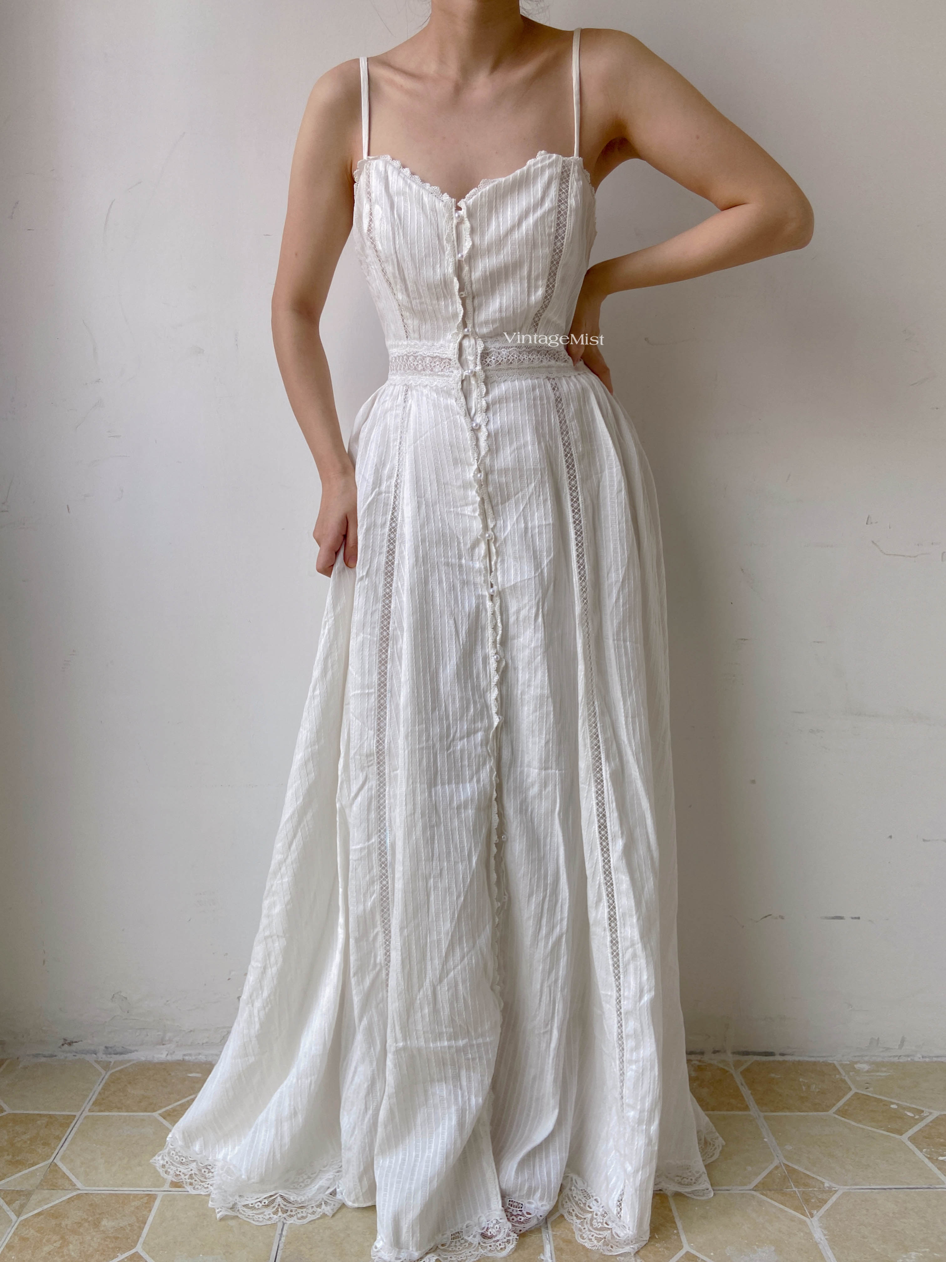 Lace Trim Beaded Cami Dress - White | VintageMist
