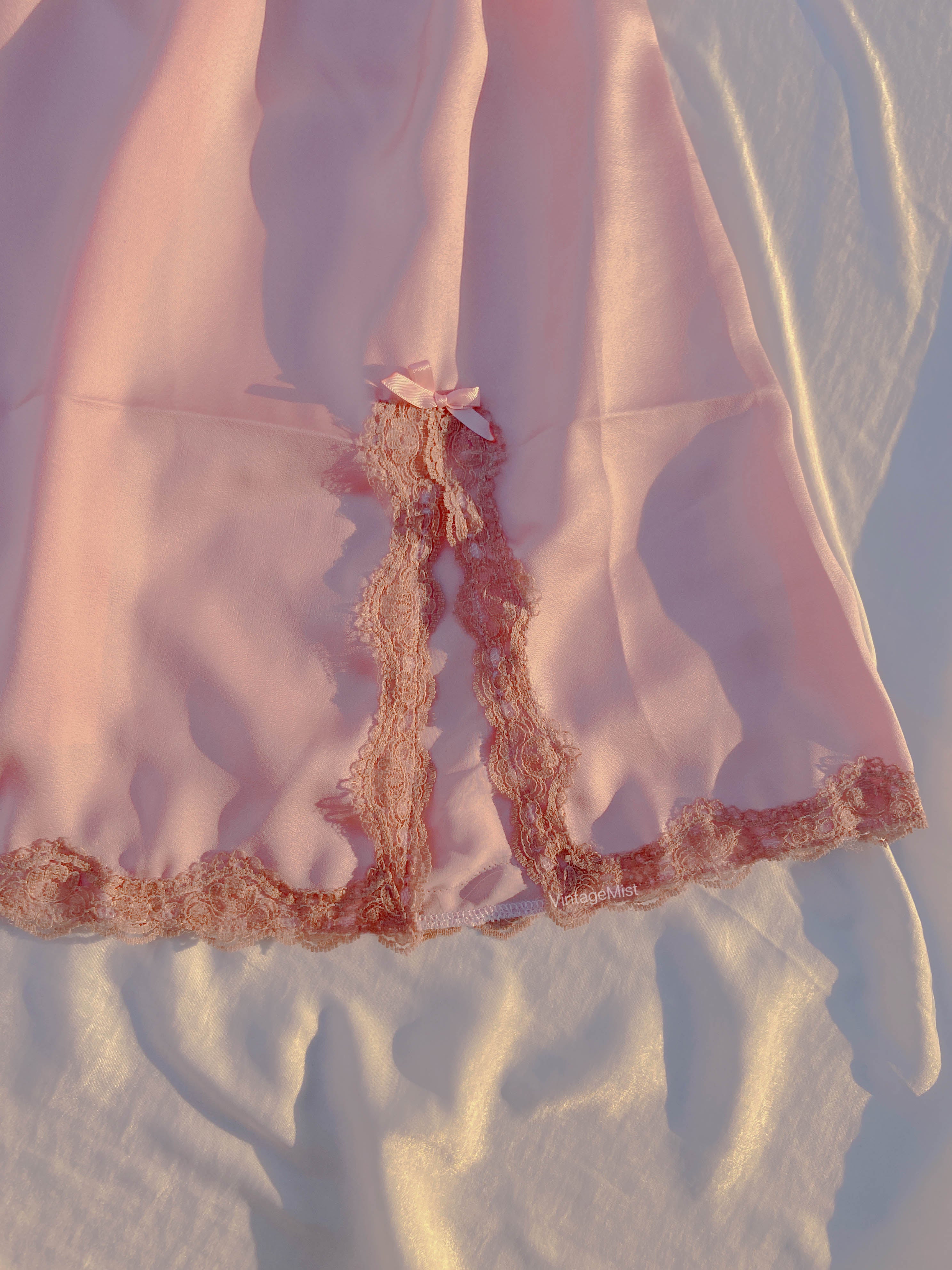 Lace Trim Princess Jewel Slip Mini Satin Dress - Pink | VintageMist