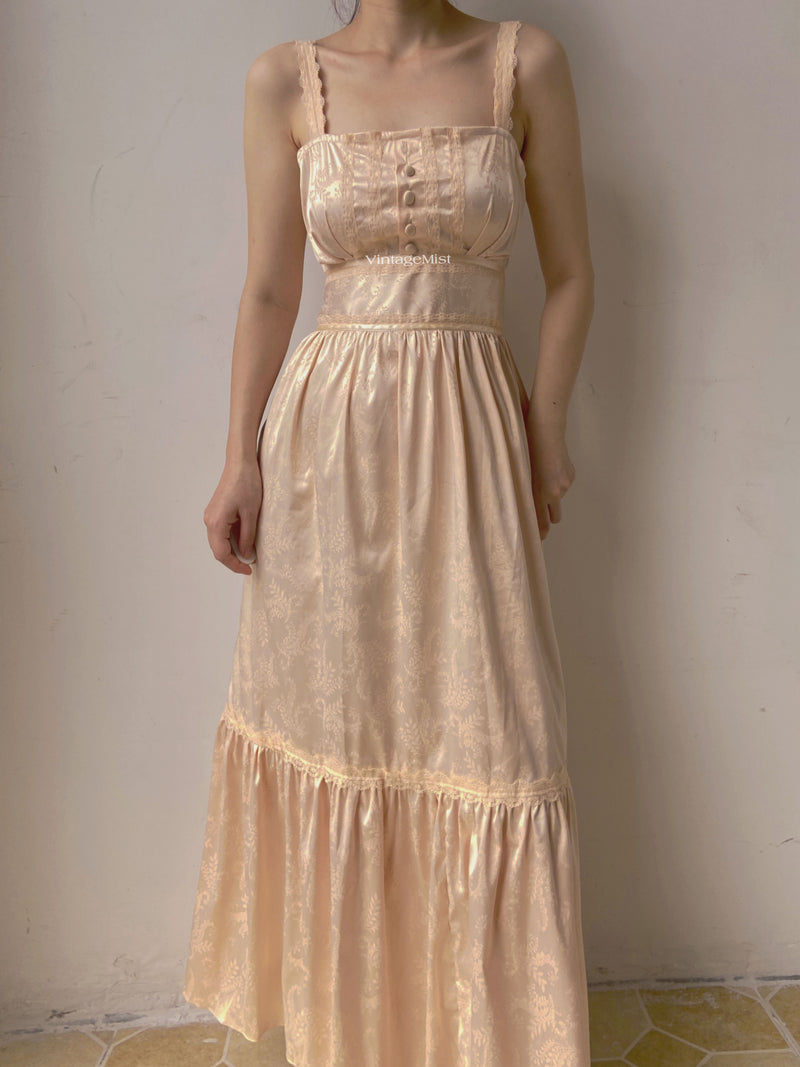 Lace Trimmed Jacquard Cami Dress - Champagne | VintageMist