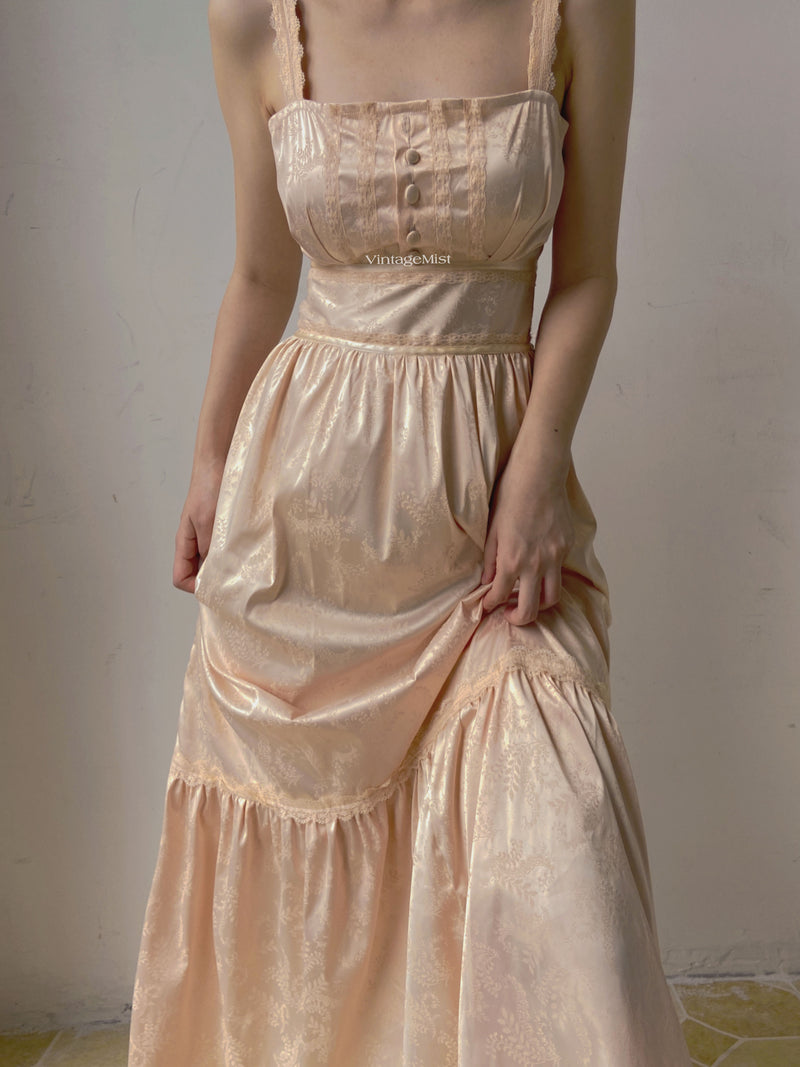 Lace Trimmed Jacquard Cami Dress - Champagne | VintageMist