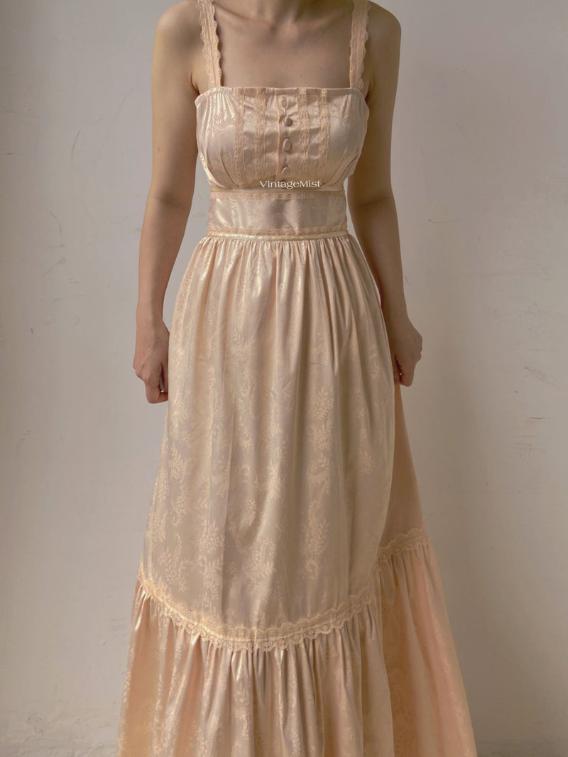 Lace Trimmed Jacquard Cami Dress - Champagne | VintageMist