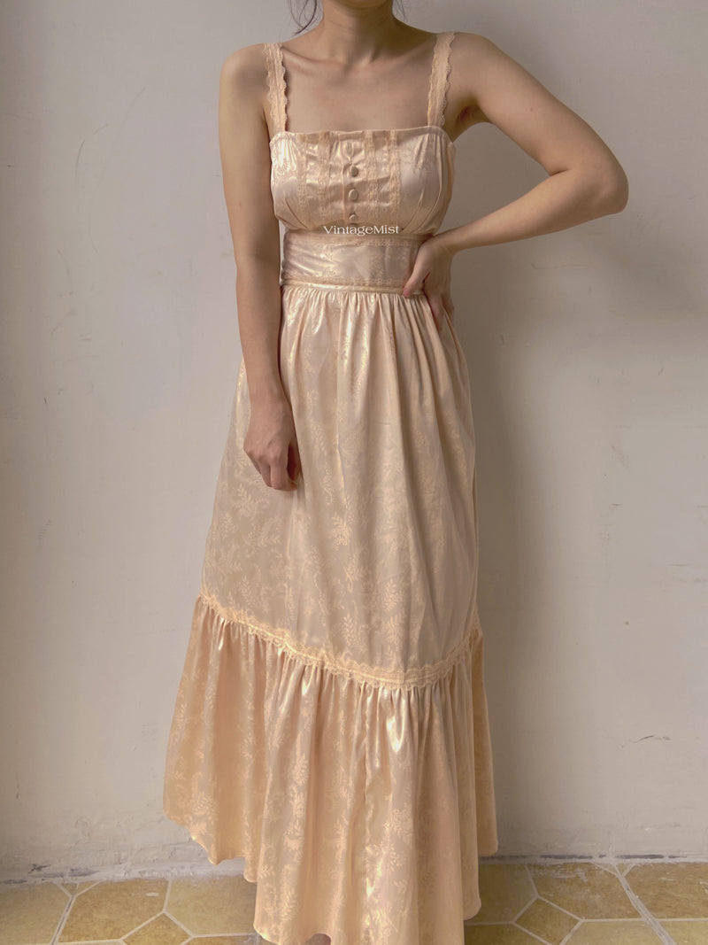 Lace Trimmed Jacquard Cami Dress - Champagne | VintageMist