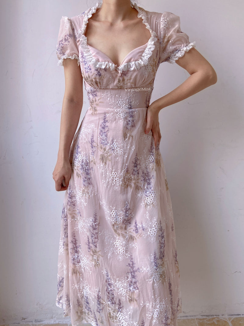Lavender Embroidered Lace Trim Dress - Purple | VintageMist