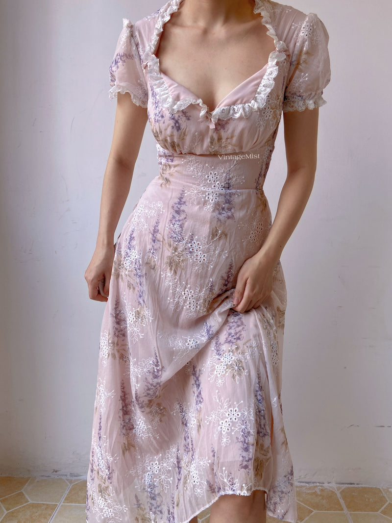 Lavender Embroidered Lace Trim Dress - Purple | VintageMist