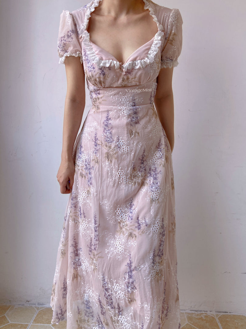Lavender Embroidered Lace Trim Dress - Purple | VintageMist