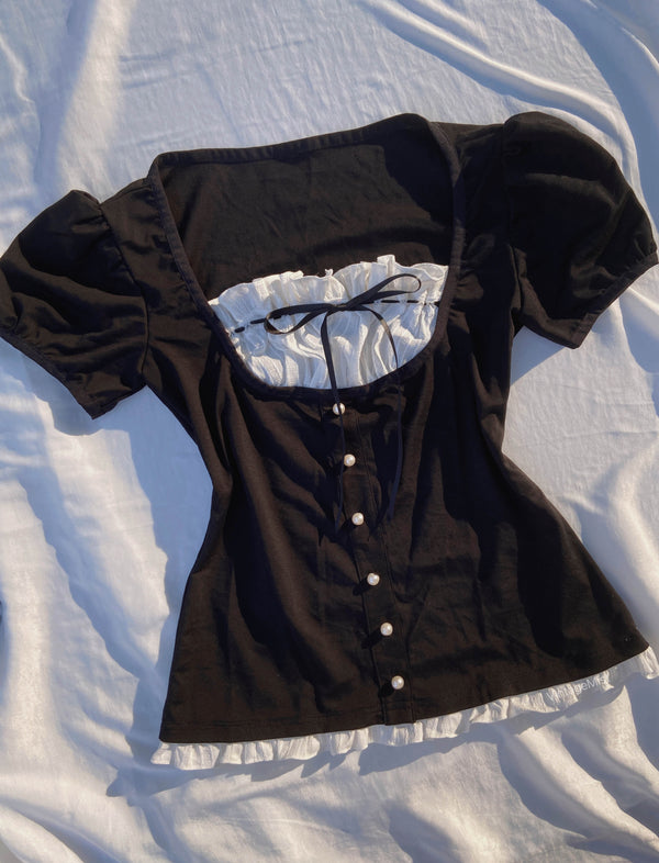 Milkmaid Color Block Pearl Puff Sleeve T-Shirt - Black | VintageMist
