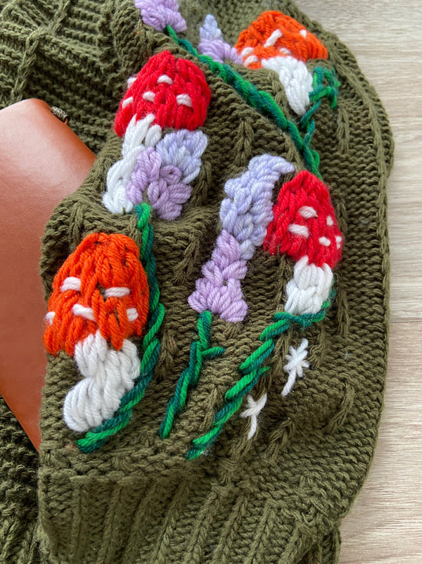 Mushroom Lavender Embroidery Sweater Cardigan - Green | VintageMist
