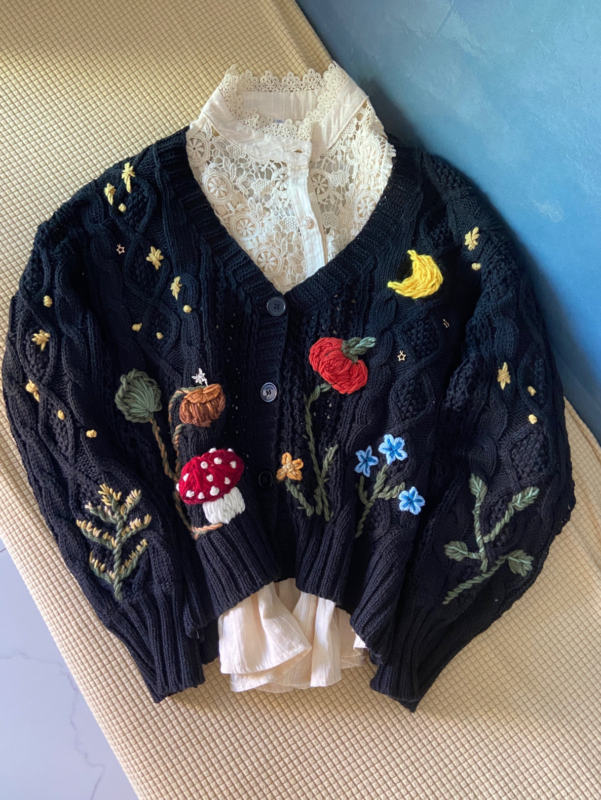 Mushroom Daisy Starry Sky Embroidery Cardigan - Black