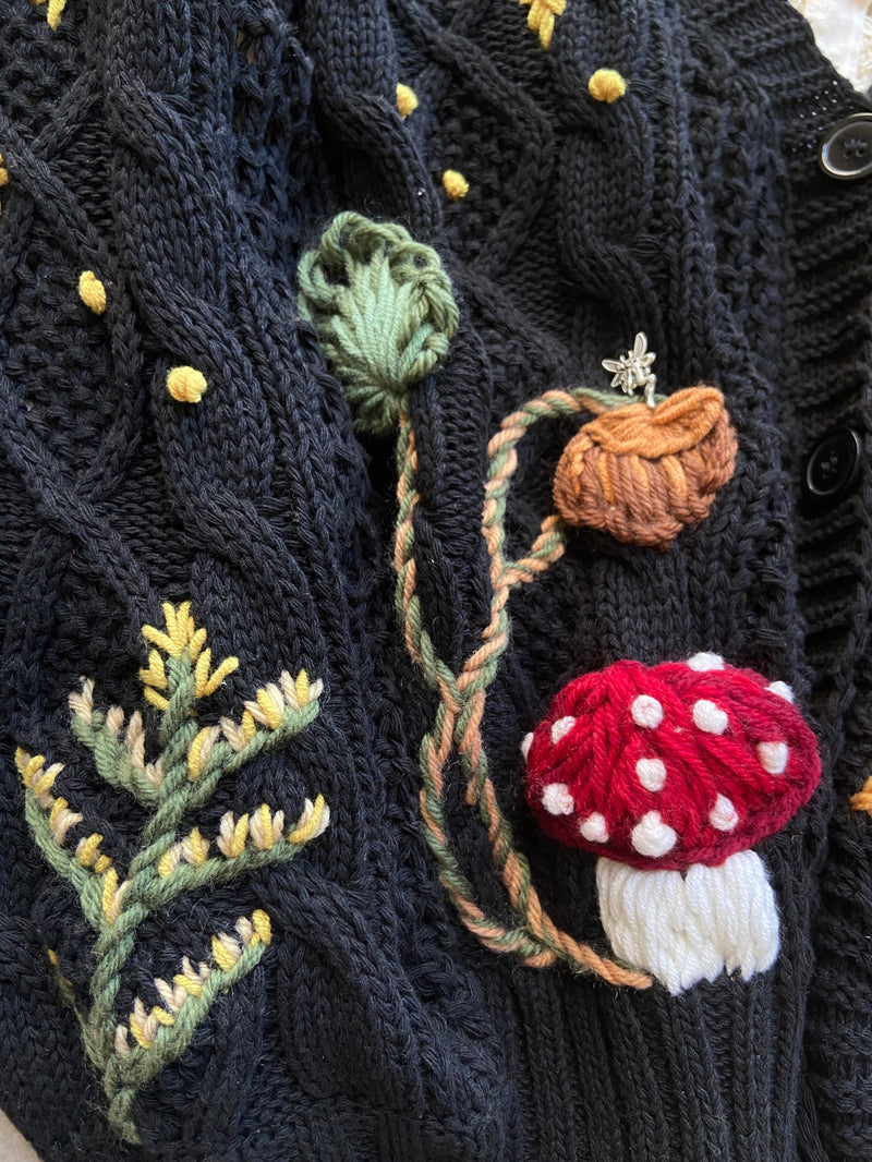 Mushroom Daisy Starry Sky Embroidery Cardigan - Black | VintageMist