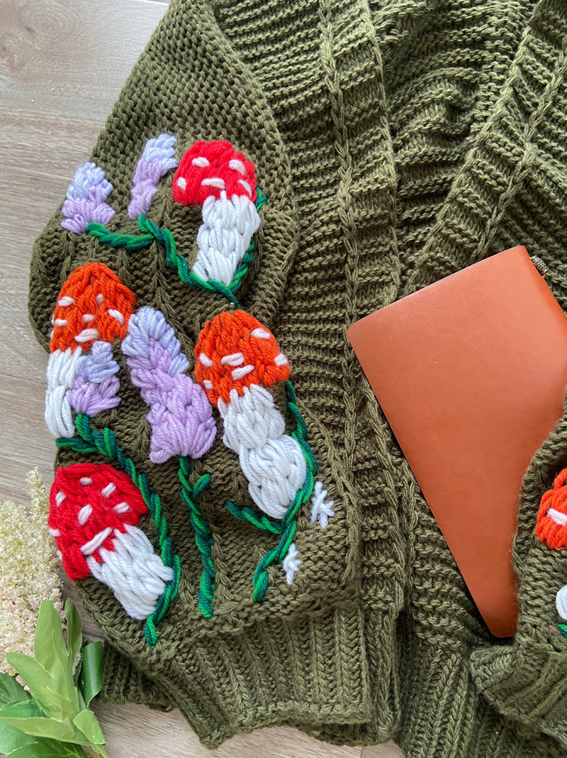 Mushroom Lavender Embroidery Sweater Cardigan - Green | VintageMist