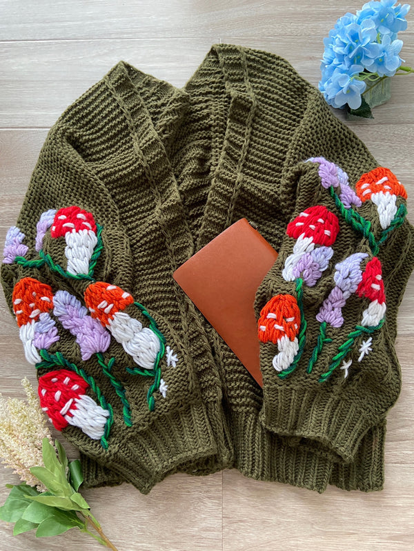Mushroom Lavender Embroidery Sweater Cardigan - Green | VintageMist