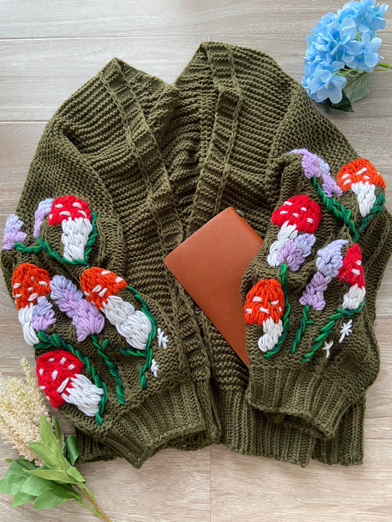Mushroom Lavender Embroidery Sweater Cardigan - Green | VintageMist