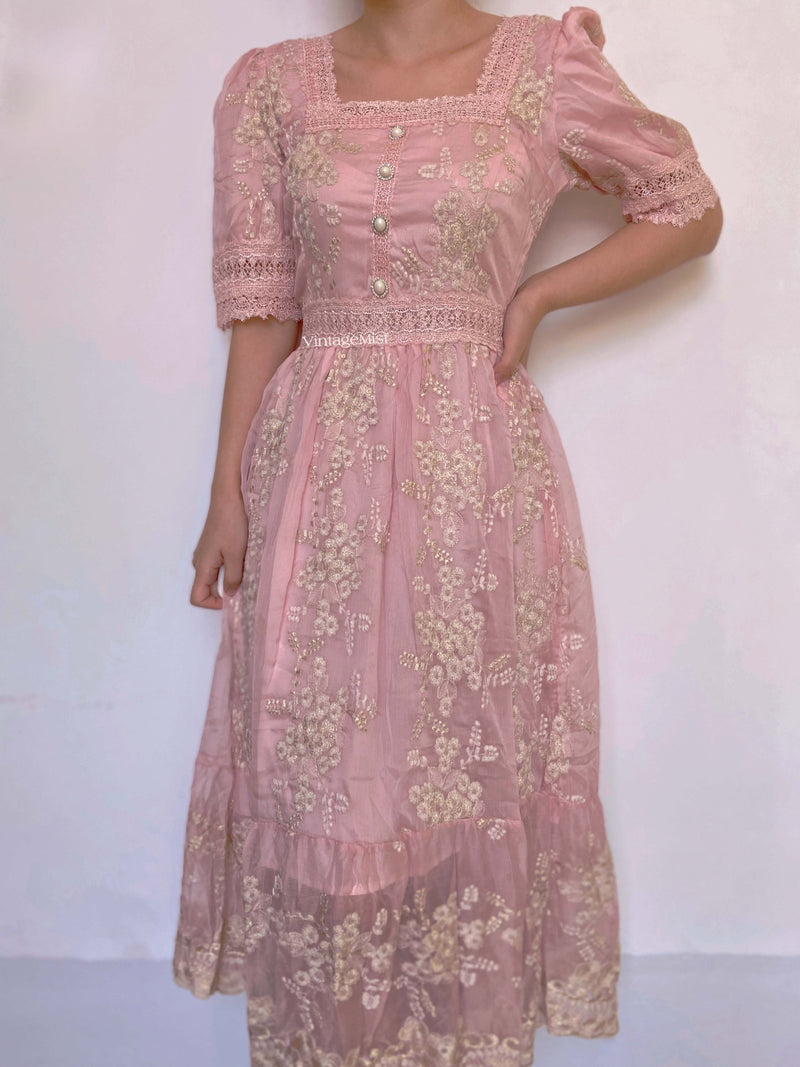 Square Neck Lace Trim Floral Midi Dress - Pink | VintageMist