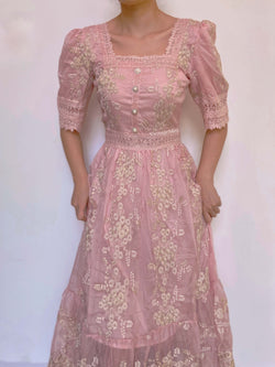 Square Neck Lace Trim Floral Midi Dress - Pink | VintageMist