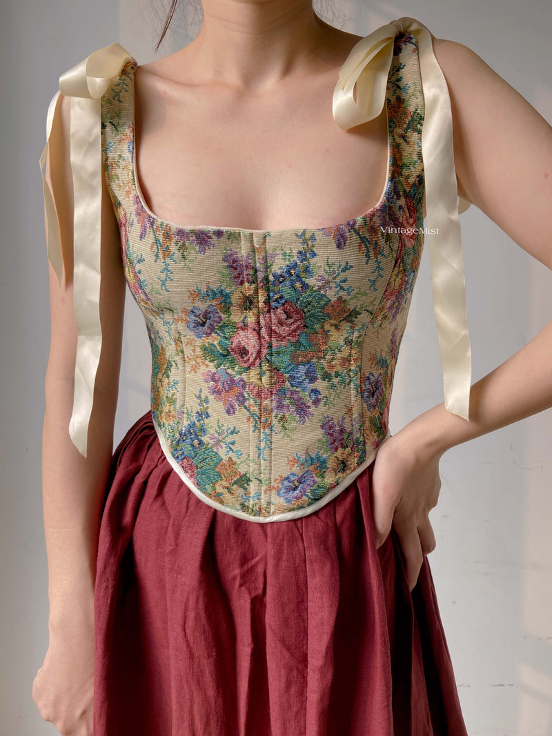 Renaissance Lace-Up Floral Tapestry Boned Corset - Brown | VintageMist