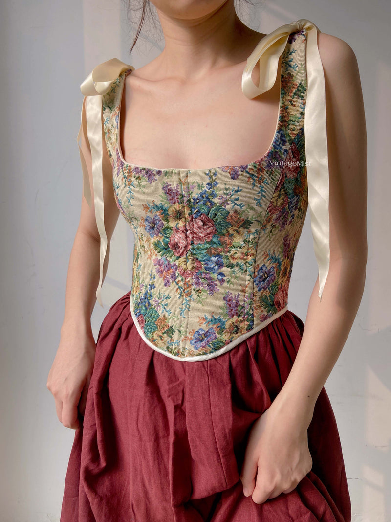 Renaissance Lace-Up Floral Tapestry Boned Corset - Brown | VintageMist