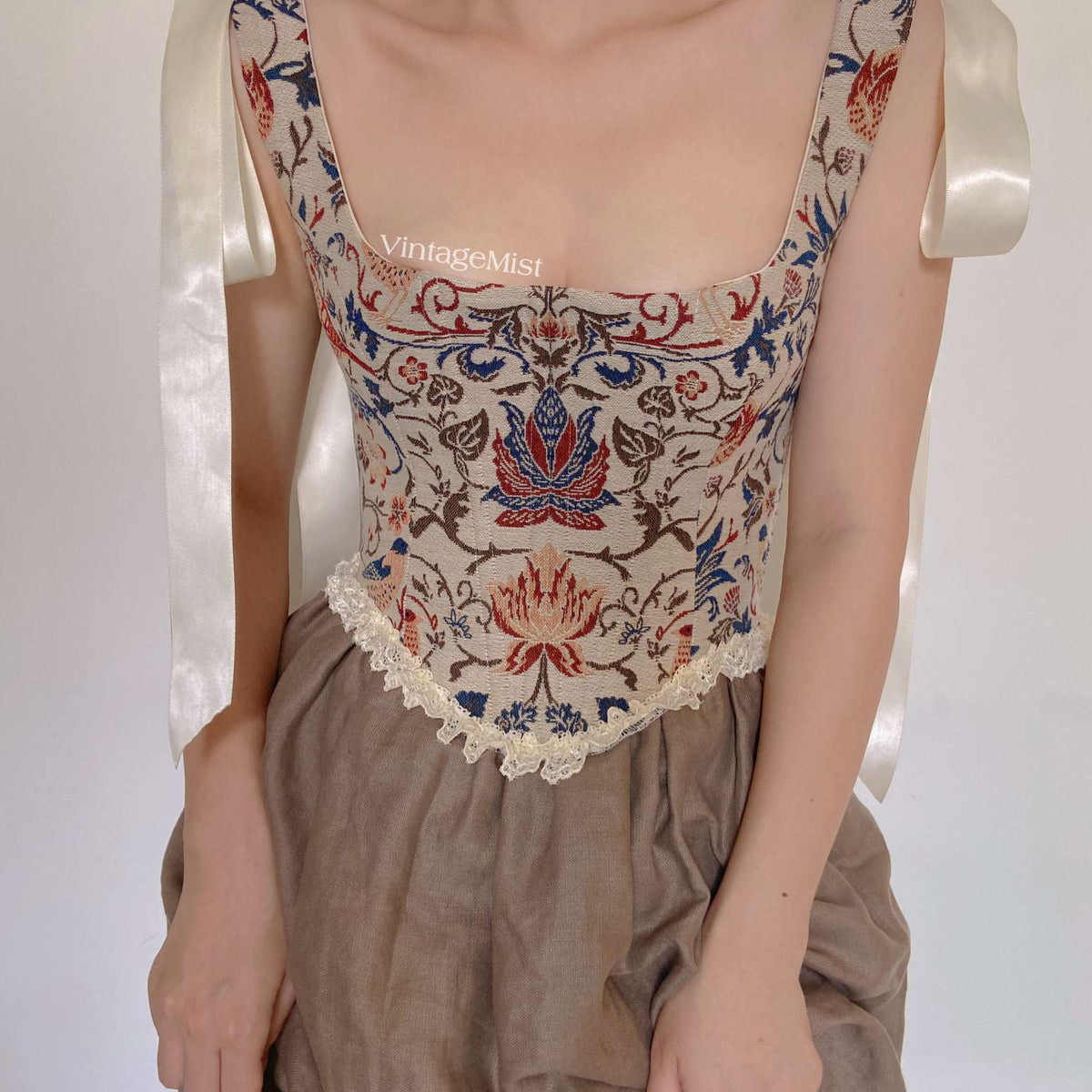 Renaissance Lace Trim Bodice with Floral Botanical Grey | VintageMist