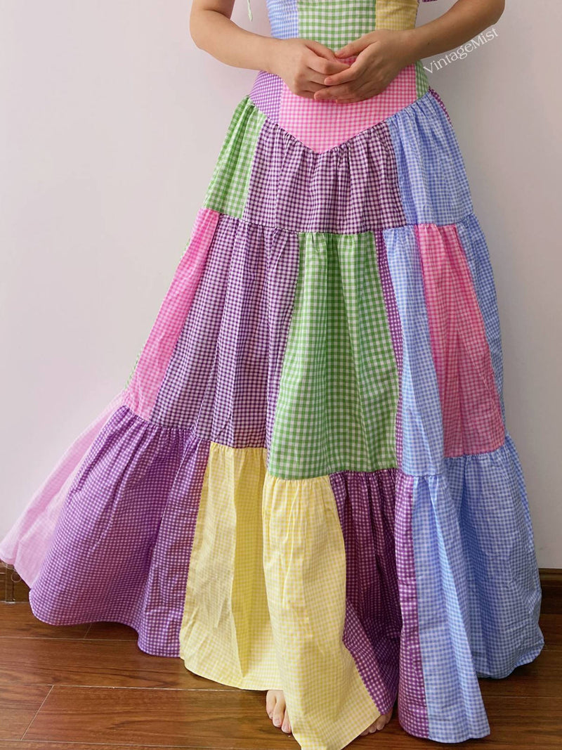 Retro Plaid Corset Top Maxi Skirt Set - Multicolor | VintageMist