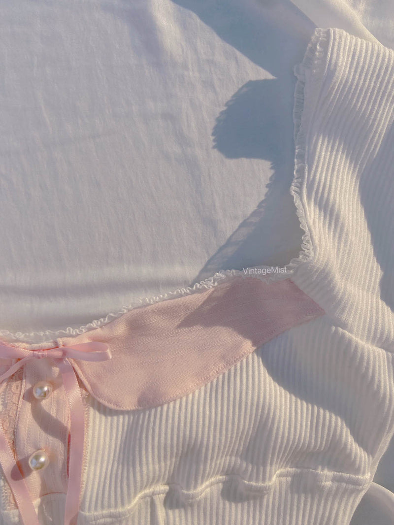 Ribbed Coquette Bow T-Shirt - White | VintageMist