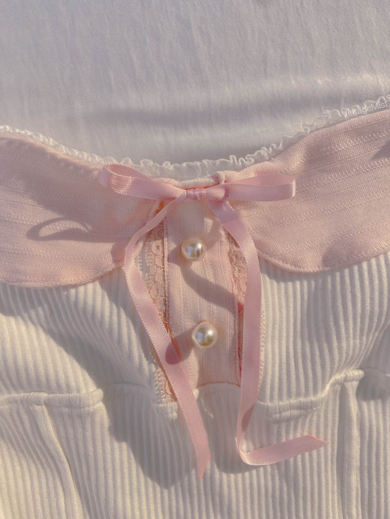 Ribbed Coquette Bow T-Shirt - White(3） | VintageMist