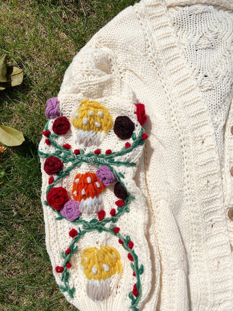 Rose Embroidery Mushroom Cardigan - Ivory | VintageMist