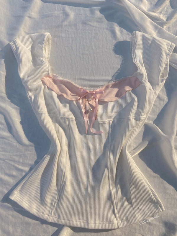 Lace Trim Ribbed Short Puff Sleeve T-Shirt - White | VintageMist