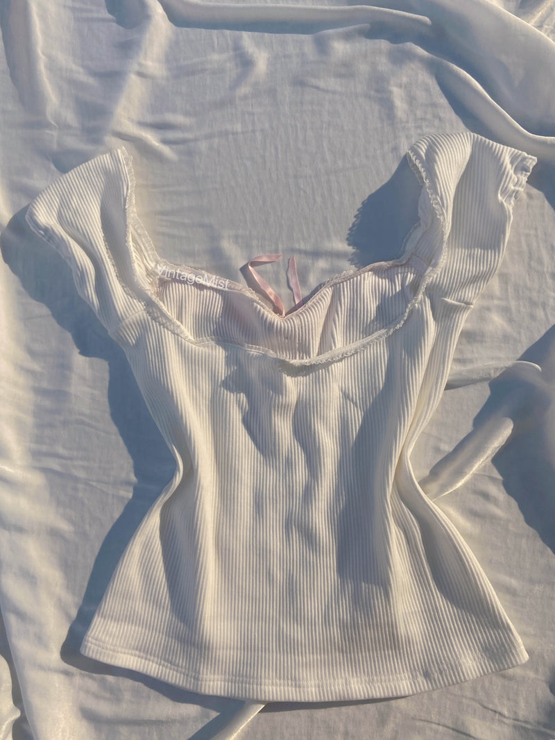 Lace Trim Ribbed Short Puff Sleeve T-Shirt - White | VintageMist