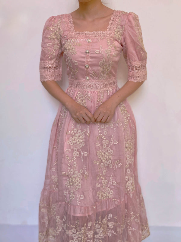 Square Neck Lace Trim Floral Midi Dress - Pink | VintageMist