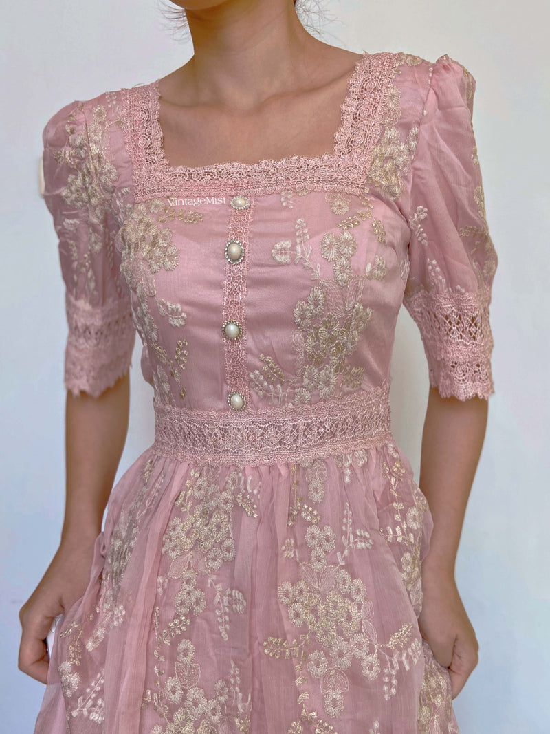 Square Neck Lace Trim Floral Midi Dress - Pink | VintageMist