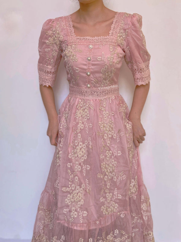 Square Neck Lace Trim Floral Midi Dress - Pink | VintageMist