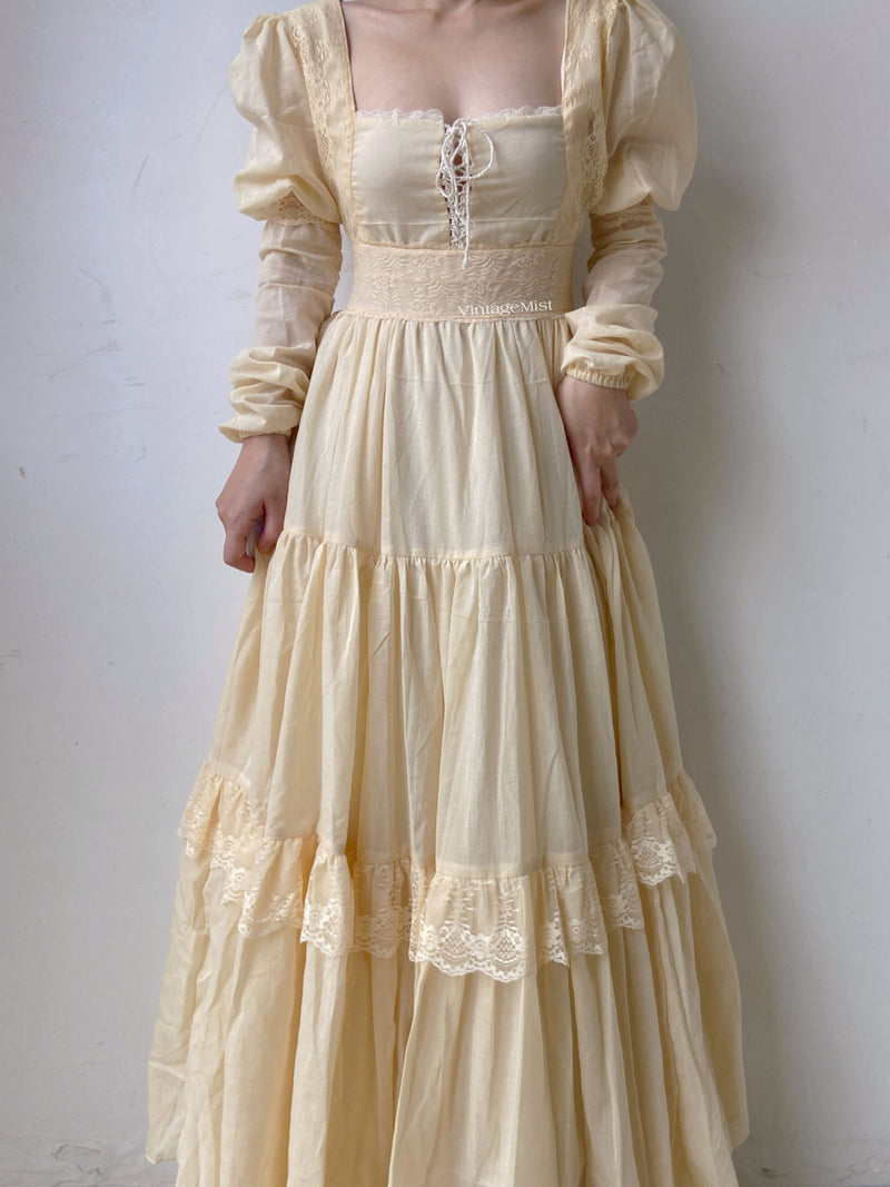 Square Neck Long Lantern Sleeve Lace Dress - Apricot | VintageMist