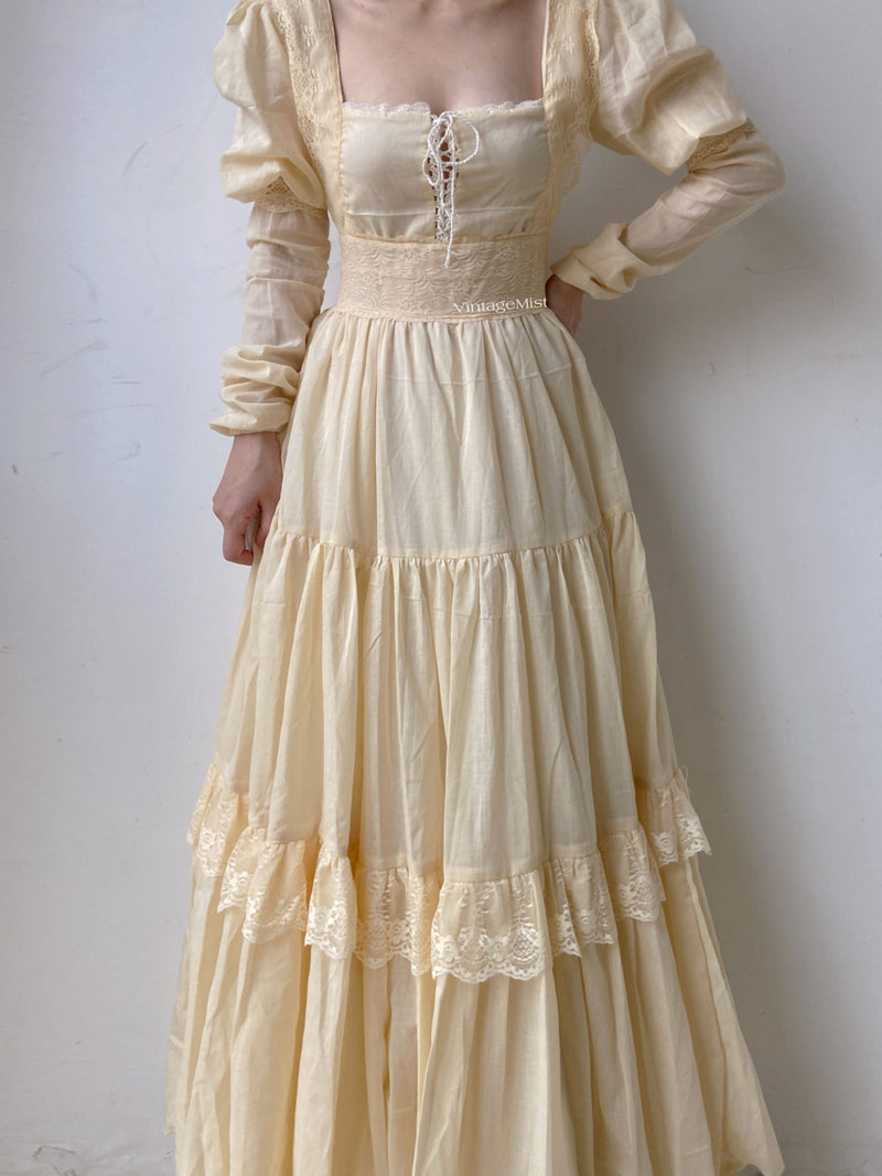 Square Neck Long Lantern Sleeve Lace Dress - Apricot | VintageMist